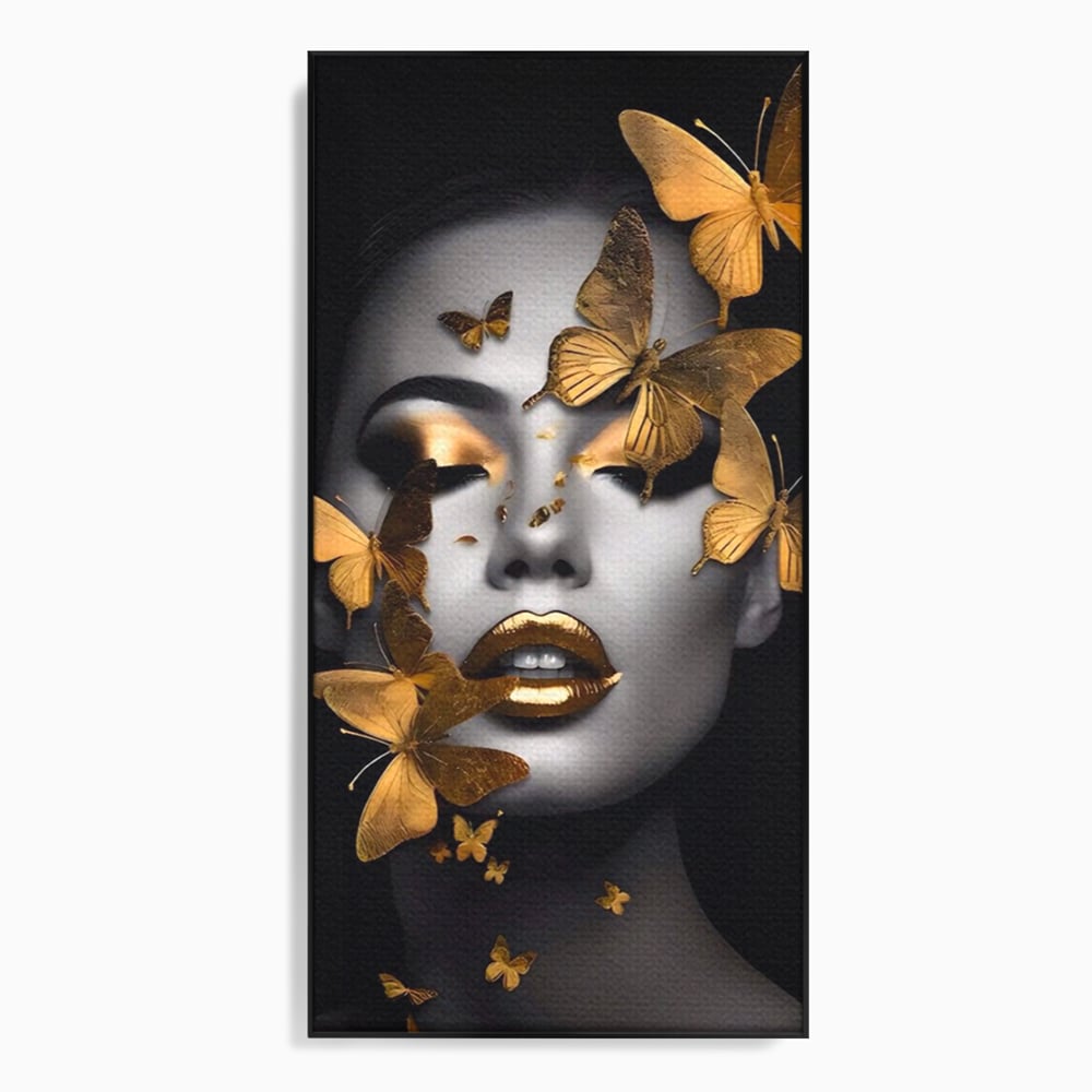 Tablou canvas cu tablou canvas cu portret de femeie si fluturi aurii, in rama de aluminiu negru