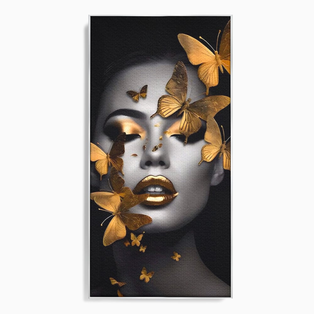 Tablou canvas cu tablou canvas cu portret de femeie si fluturi aurii, in rama de aluminiu argintiu