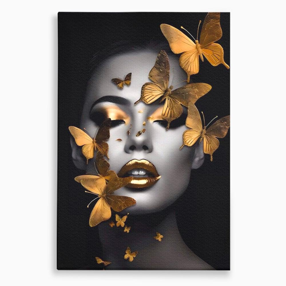 Tablou canvas cu tablou canvas cu portret de femeie si fluturi aurii, fara rama, pe sasiu de lemn