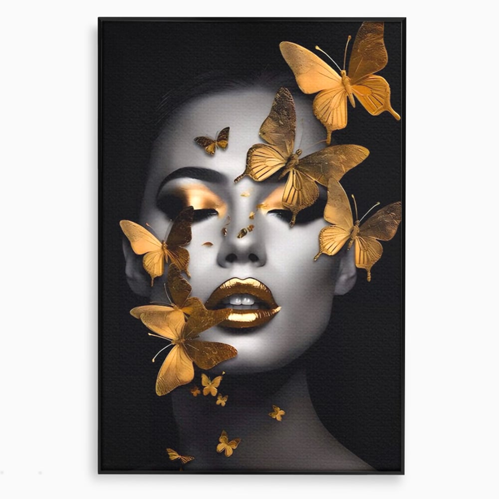 Tablou canvas cu tablou canvas cu portret de femeie si fluturi aurii, in rama de aluminiu negru