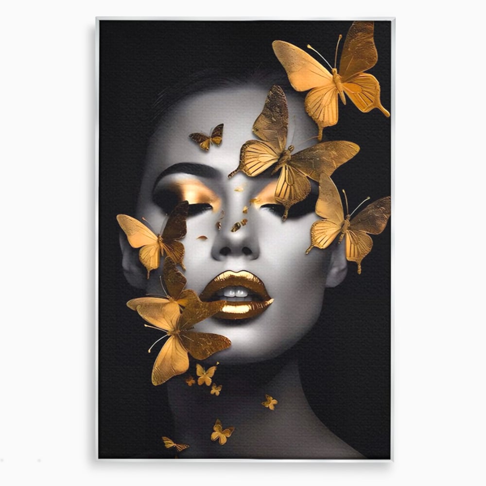 Tablou canvas cu tablou canvas cu portret de femeie si fluturi aurii, in rama de aluminiu argintiu