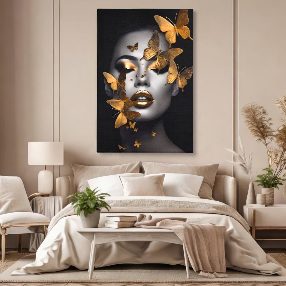 Tablou canvas cu tablou canvas cu portret de femeie si fluturi aurii, fara rama, pe sasiu de lemn, pe perete intr-un dormitor