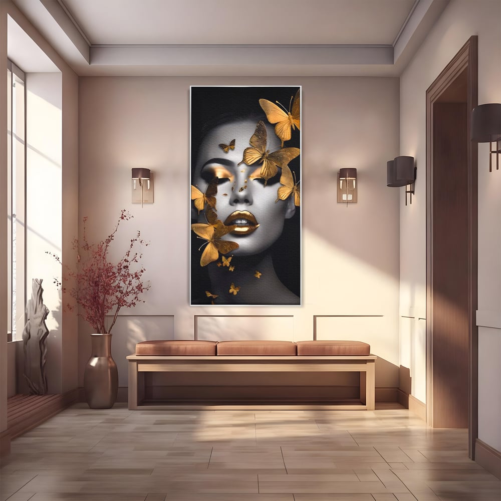 Tablou canvas cu tablou canvas cu portret de femeie si fluturi aurii, in rama de aluminiu argintiu