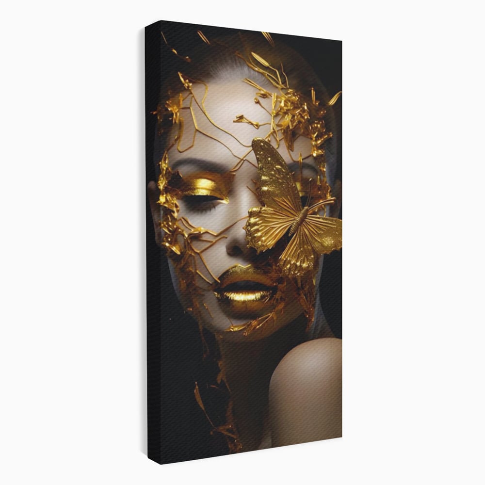 Tablou canvas cu portret feminin cu fluture auriu, fara rama, pe sasiu de lemn