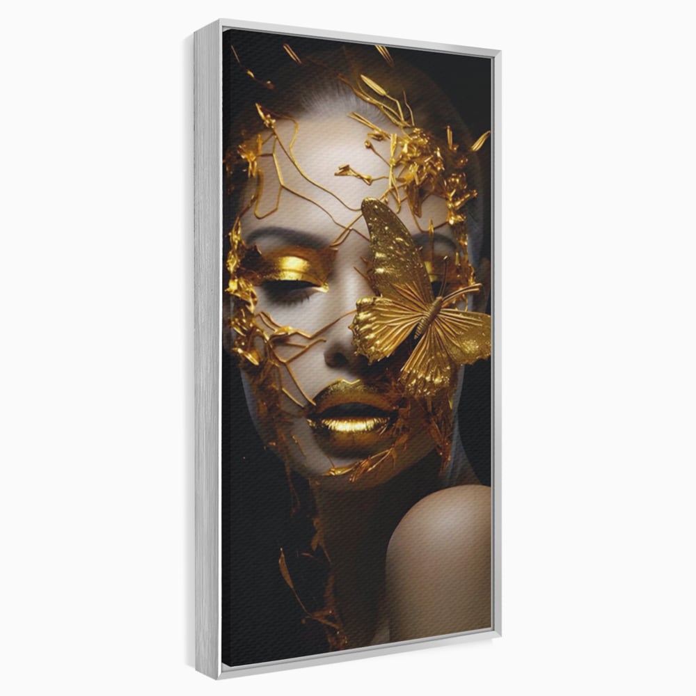 Tablou canvas cu portret feminin cu fluture auriu, in rama de aluminiu argintiu