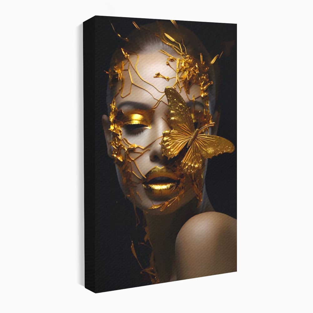 Tablou canvas cu portret feminin cu fluture auriu, fara rama, pe sasiu de lemn