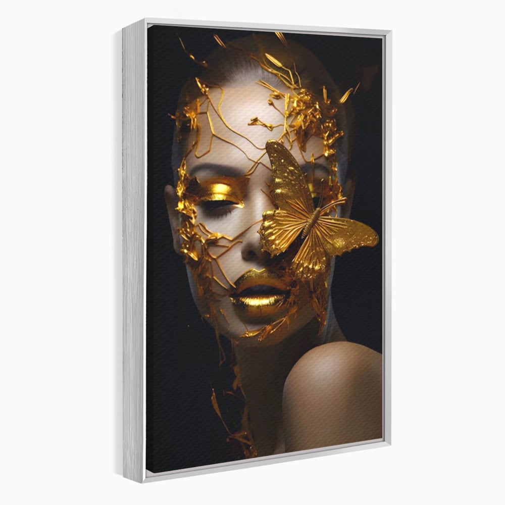 Tablou canvas cu portret feminin cu fluture auriu, in rama de aluminiu argintiu