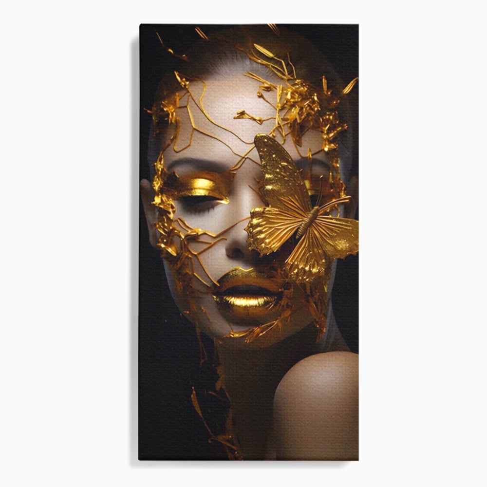 Tablou canvas cu portret feminin cu fluture auriu, fara rama, pe sasiu de lemn