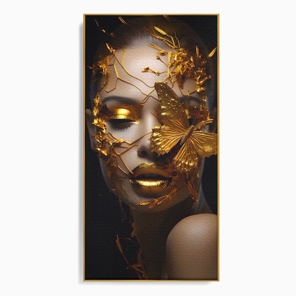 Tablou canvas cu portret feminin cu fluture auriu, in rama de aluminiu auriu