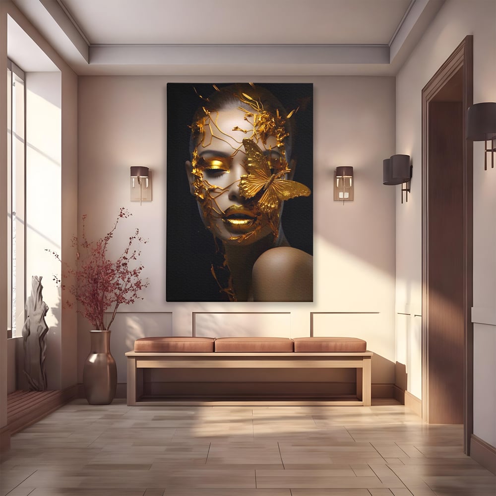 Tablou canvas cu portret feminin cu fluture auriu, fara rama, pe sasiu de lemn
