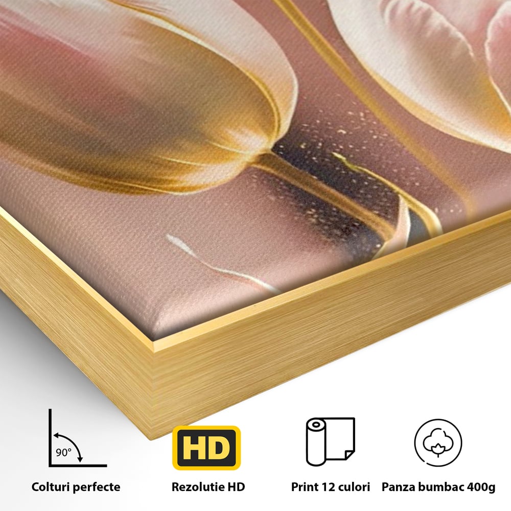 Detaliu al suprafetei: tablou canvas cu trei lalele roz, in rama de aluminiu auriu