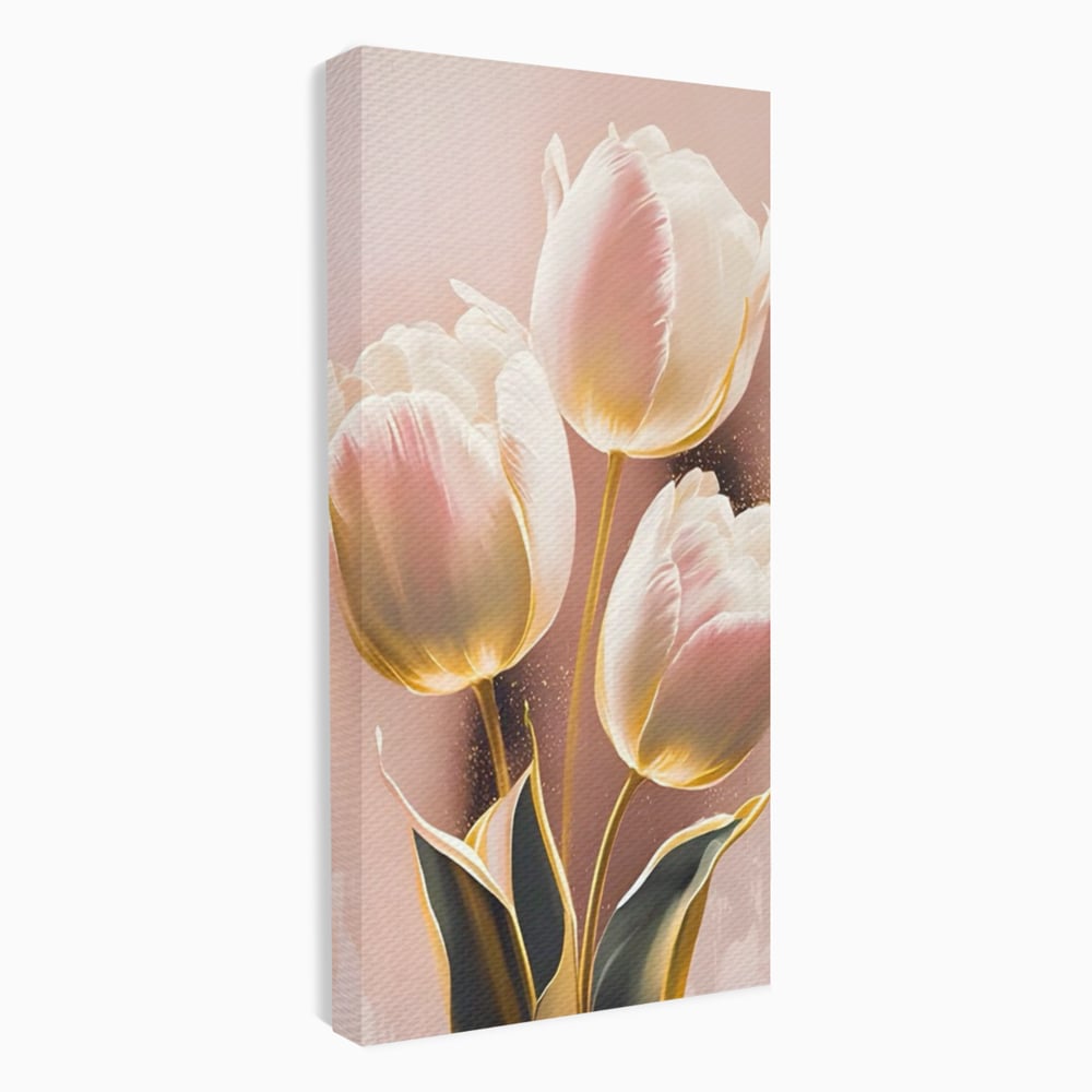 Tablou canvas cu tablou canvas cu trei lalele roz, fara rama, pe sasiu de lemn