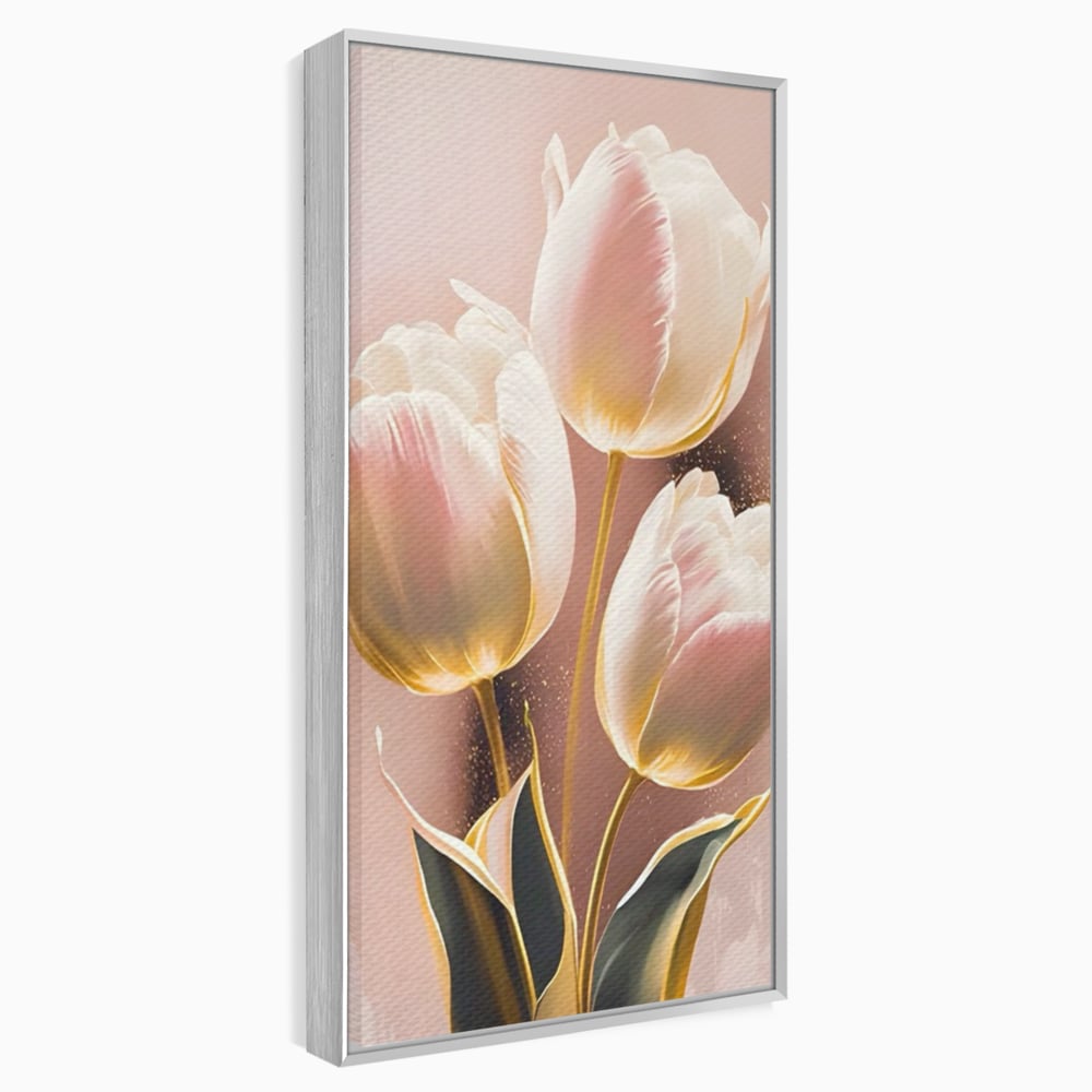 Tablou canvas cu tablou canvas cu trei lalele roz, in rama de aluminiu argintiu