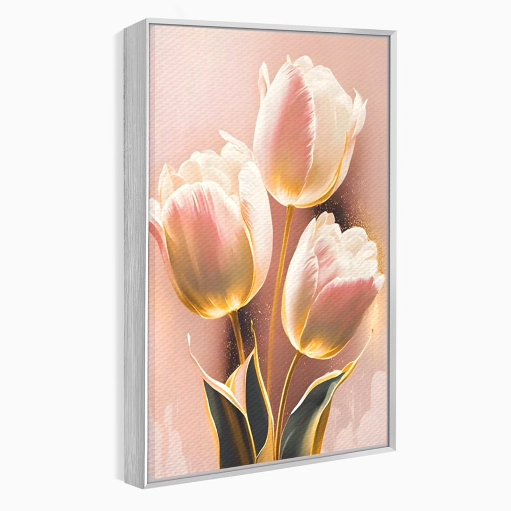 Tablou canvas cu tablou canvas cu trei lalele roz, in rama de aluminiu argintiu