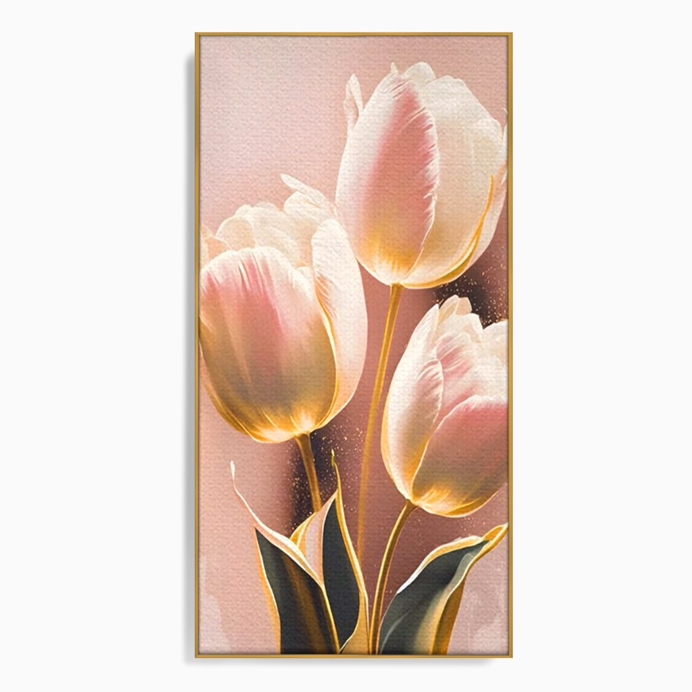 Tablou canvas cu tablou canvas cu trei lalele roz, in rama de aluminiu auriu