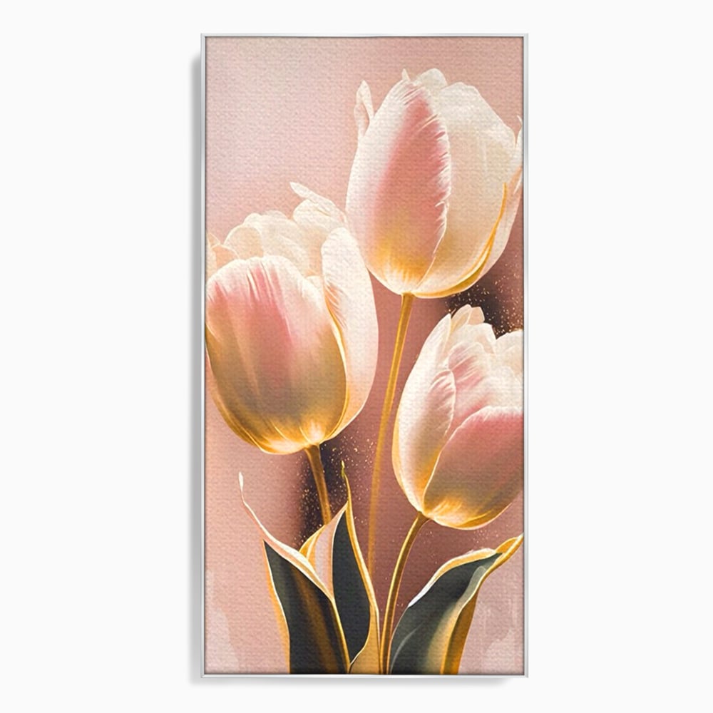 Tablou canvas cu tablou canvas cu trei lalele roz, in rama de aluminiu argintiu