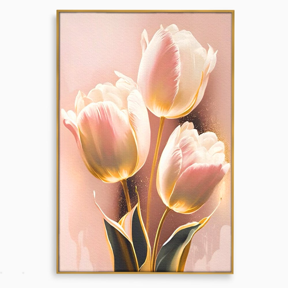 Tablou canvas cu tablou canvas cu trei lalele roz, in rama de aluminiu auriu