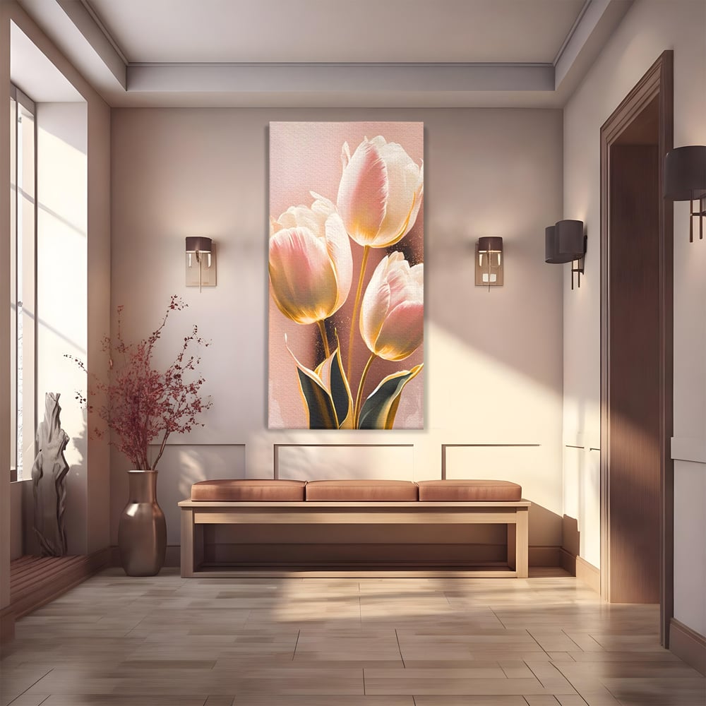 Tablou canvas cu tablou canvas cu trei lalele roz, fara rama, pe sasiu de lemn