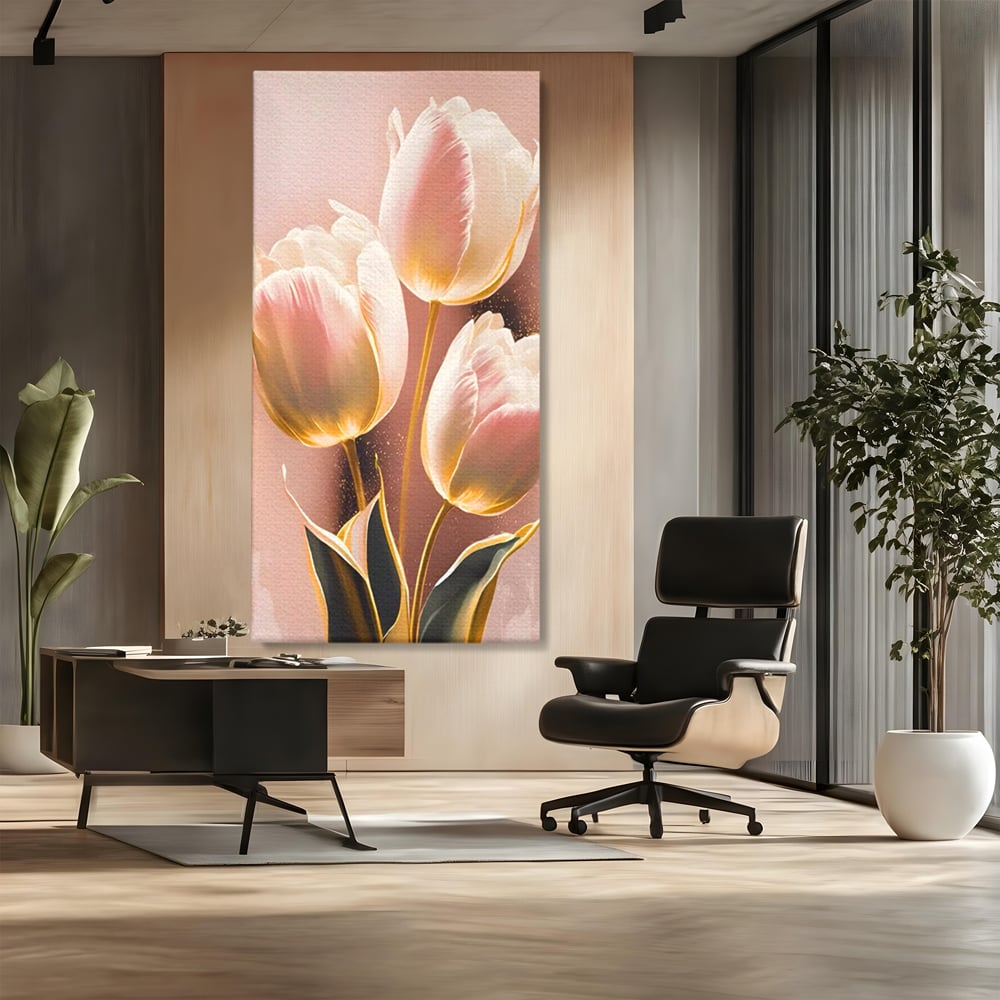 Tablou canvas cu tablou canvas cu trei lalele roz, fara rama, pe sasiu de lemn, pe perete intr-un birou