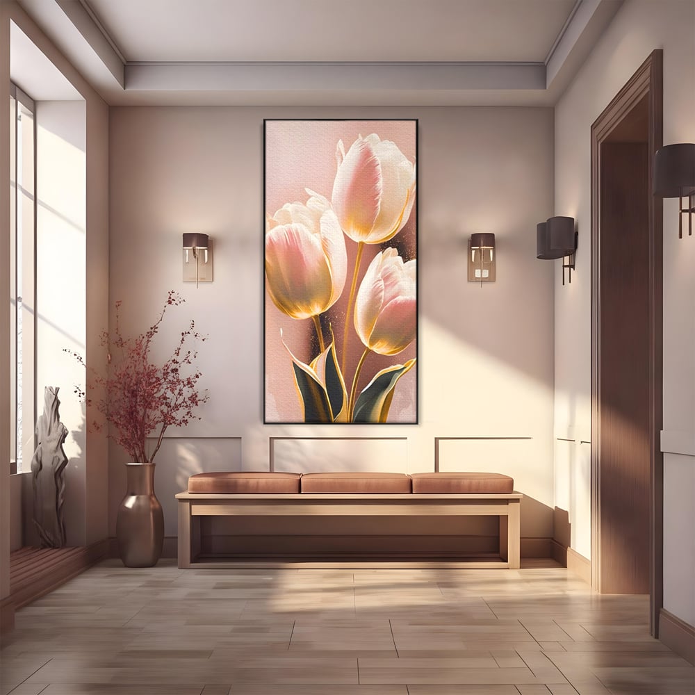Tablou canvas cu tablou canvas cu trei lalele roz, in rama de aluminiu negru
