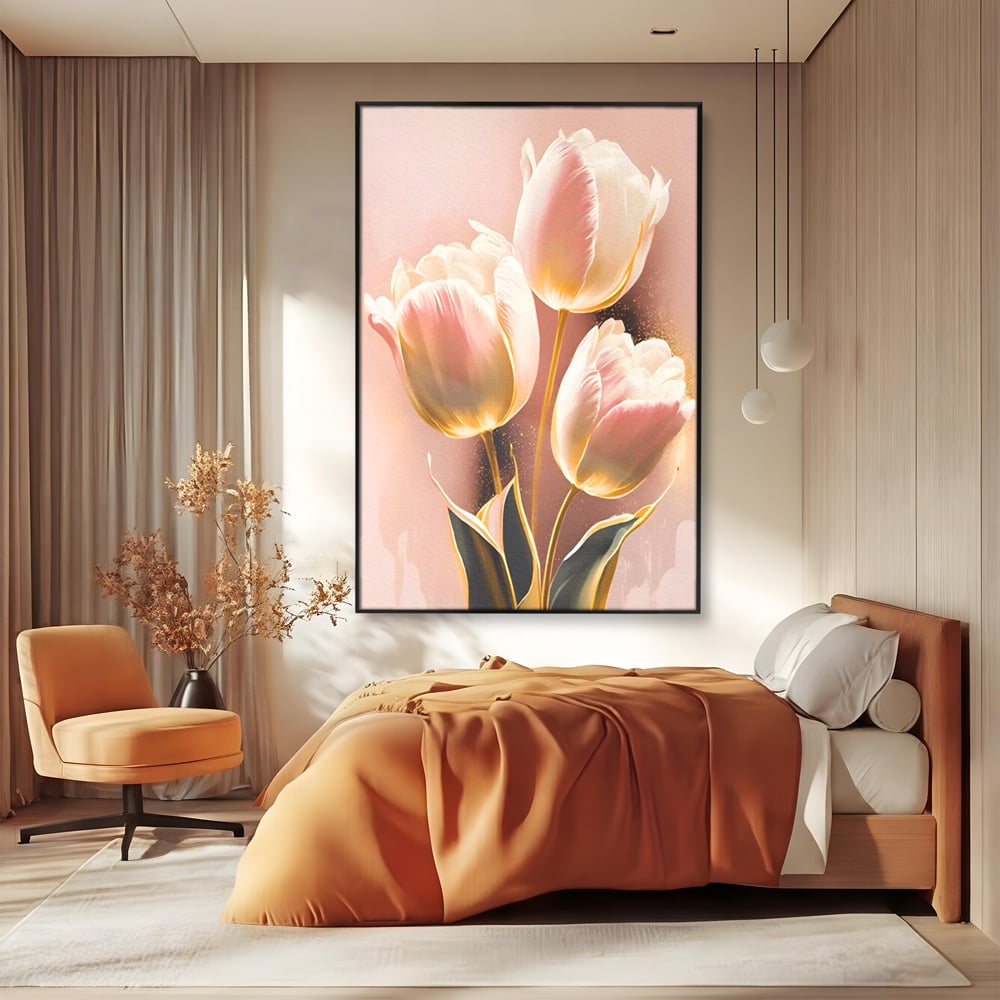 Tablou canvas cu tablou canvas cu trei lalele roz, in rama de aluminiu negru, pe perete intr-un dormitor