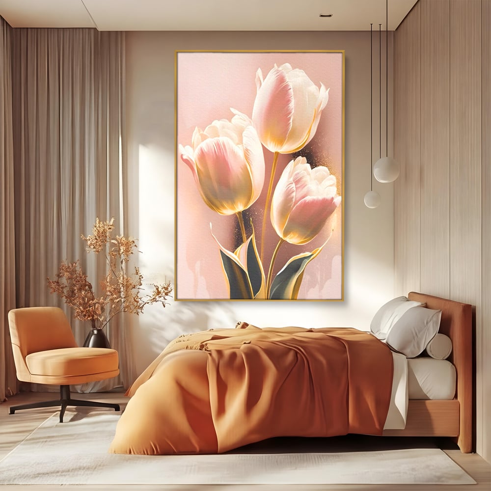 Tablou canvas cu tablou canvas cu trei lalele roz, in rama de aluminiu auriu, pe perete intr-un dormitor