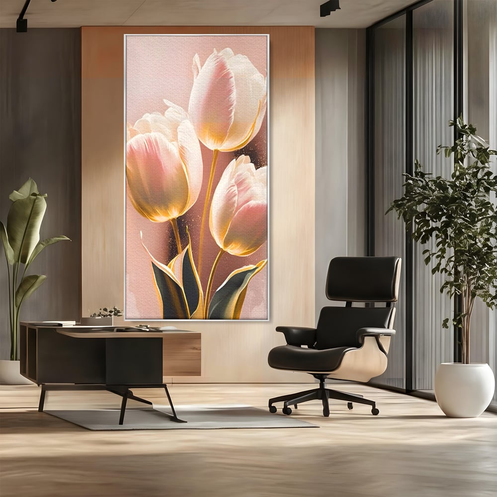 Tablou canvas cu tablou canvas cu trei lalele roz, in rama de aluminiu argintiu, pe perete intr-un birou