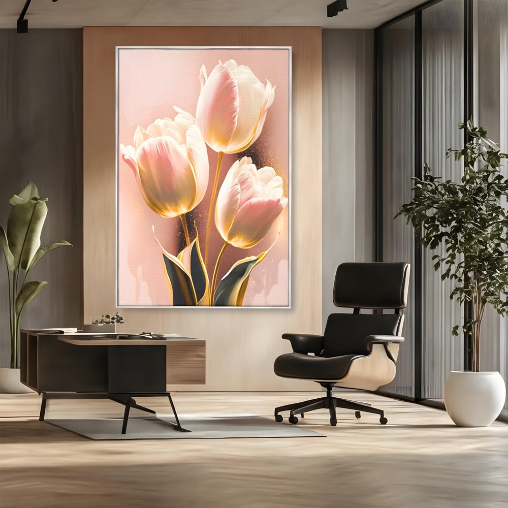 Tablou canvas cu tablou canvas cu trei lalele roz, in rama de aluminiu argintiu, pe perete intr-un birou