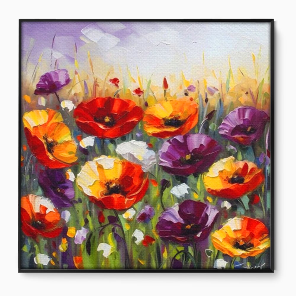 Tablou canvas cu pictura in ulei cu maci, in rama de aluminiu negru
