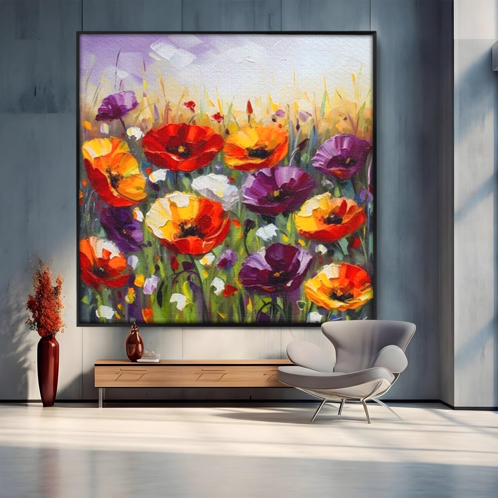 Tablou canvas cu pictura in ulei cu maci, in rama de aluminiu negru