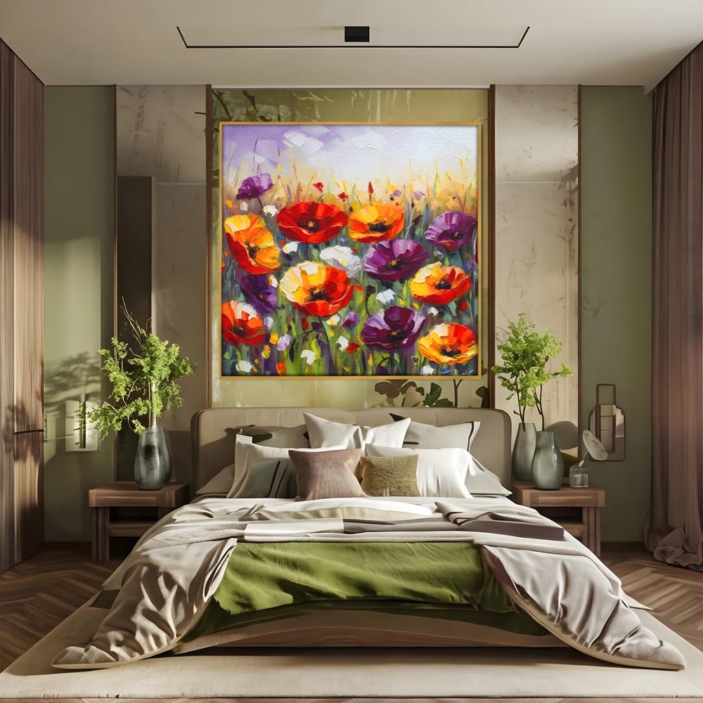 Tablou canvas cu pictura in ulei cu maci, in rama de aluminiu auriu, pe perete intr-un dormitor