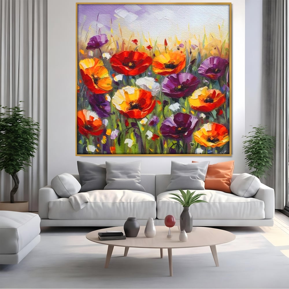 Tablou canvas cu pictura in ulei cu maci, in rama de aluminiu auriu, pe perete intr-un living