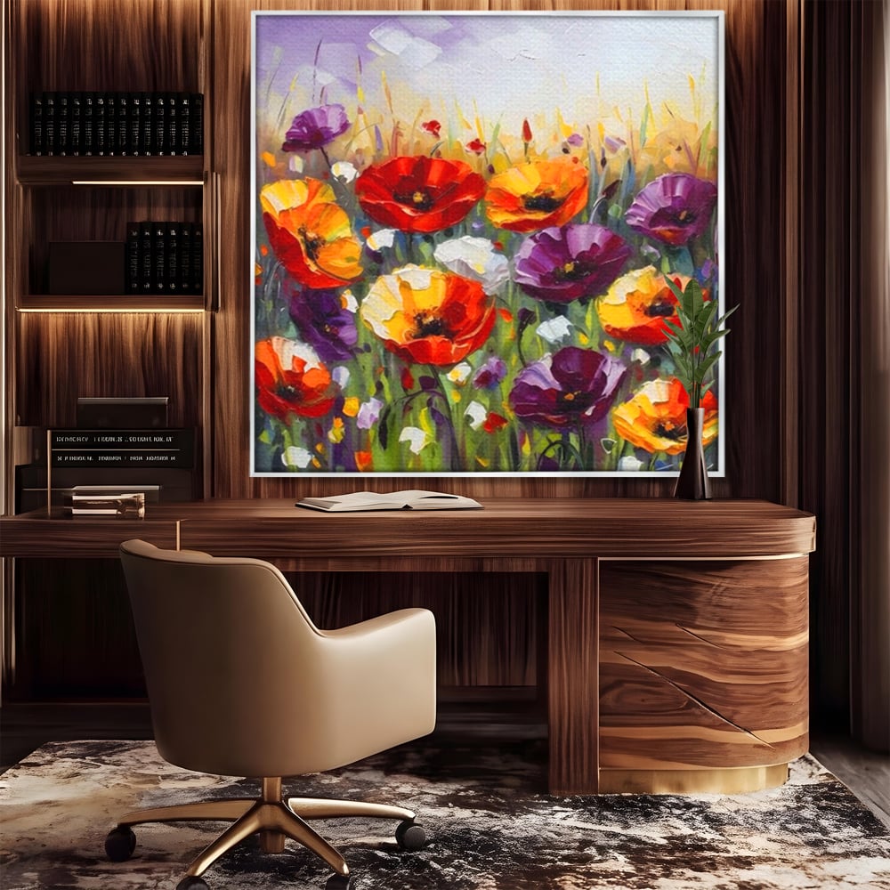 Tablou canvas cu pictura in ulei cu maci, in rama de aluminiu argintiu, pe perete intr-un birou
