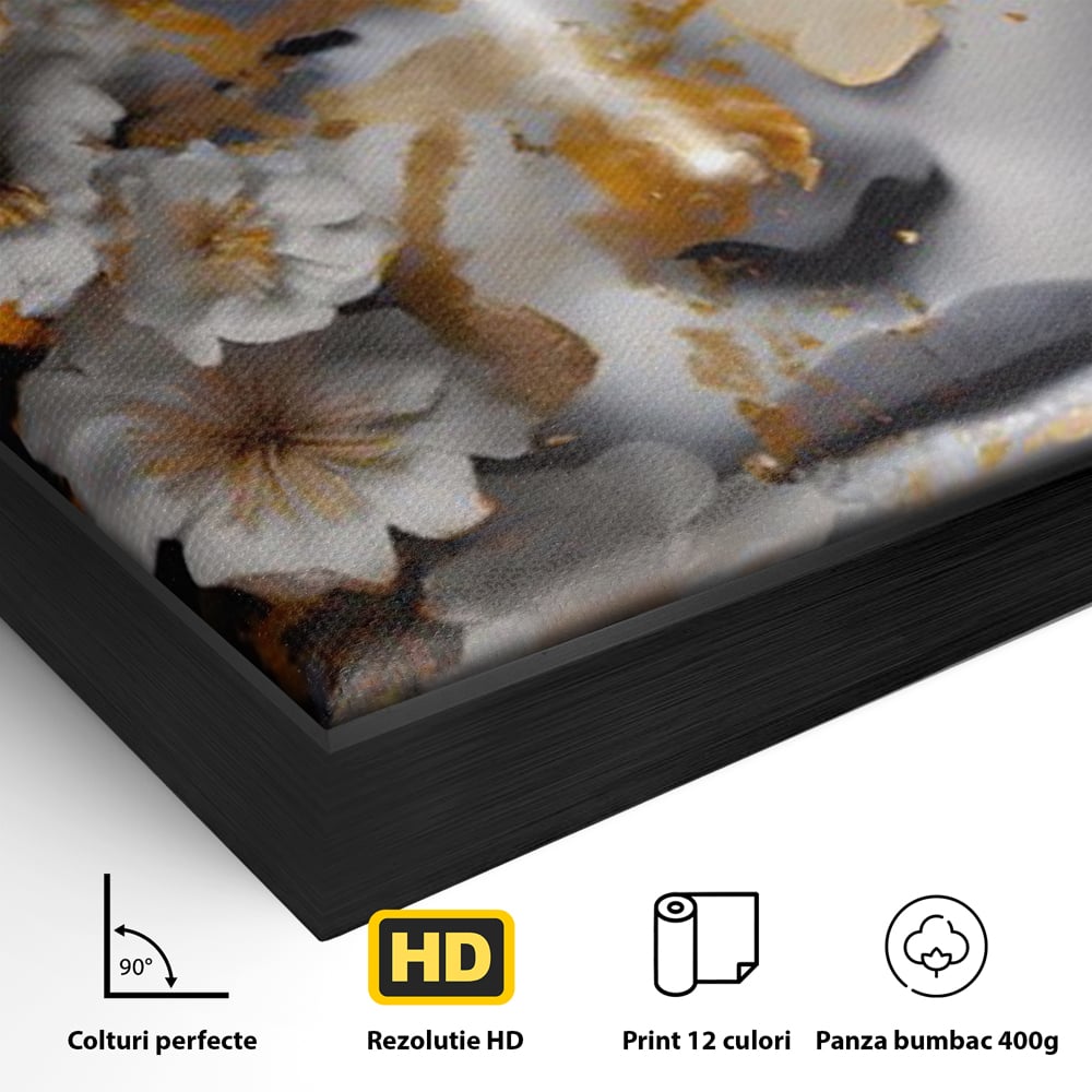 Detaliu al suprafetei: portret de femeie cu flori si foita aurie, in rama de aluminiu negru