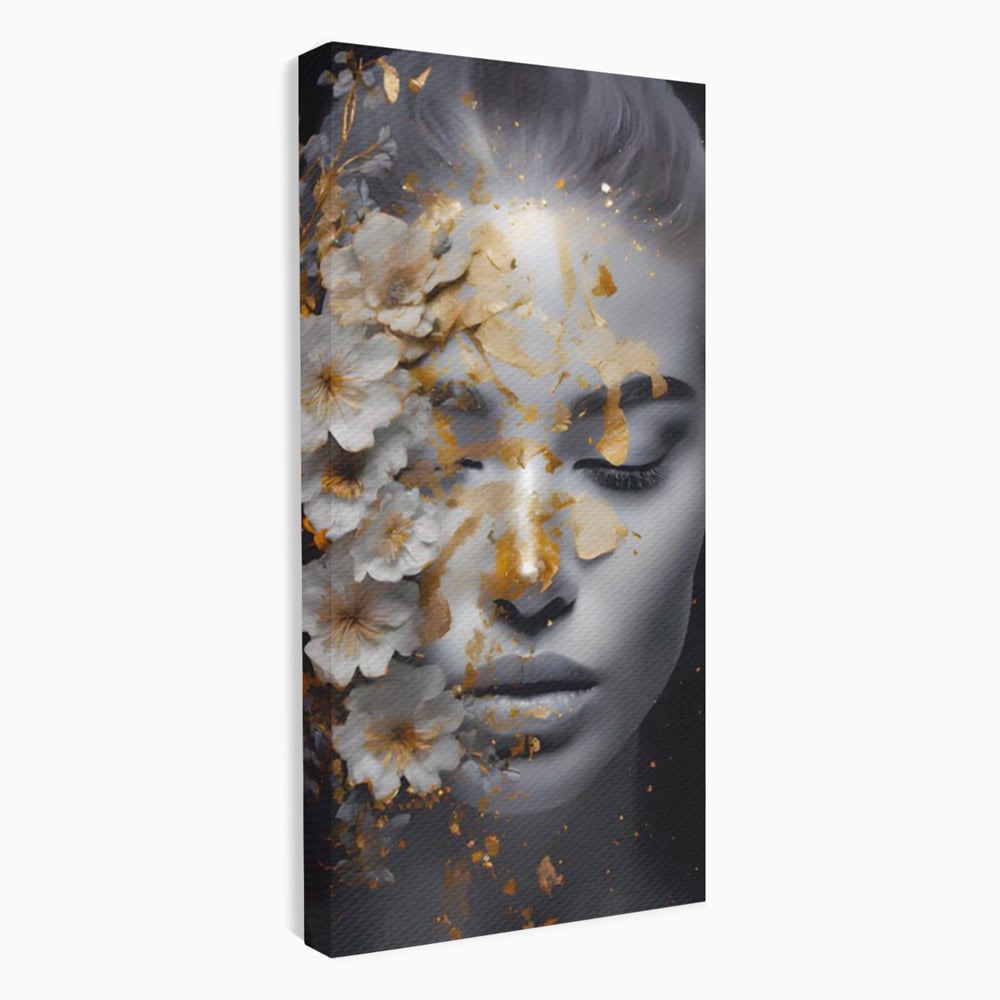 Tablou canvas cu portret de femeie cu flori si foita aurie, fara rama, pe sasiu de lemn