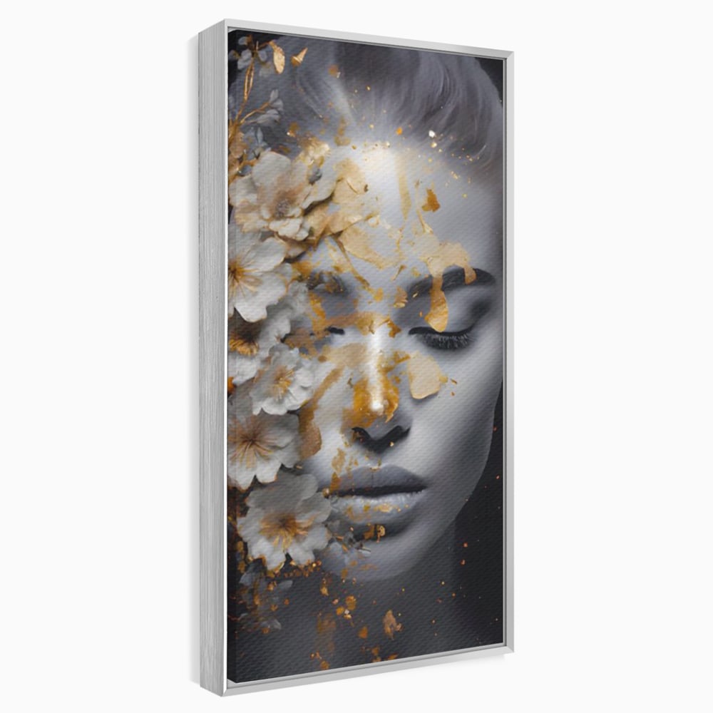 Tablou canvas cu portret de femeie cu flori si foita aurie, in rama de aluminiu argintiu