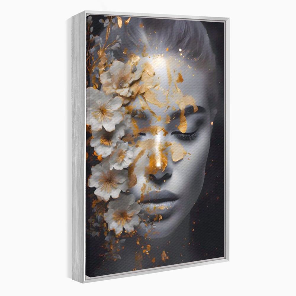 Tablou canvas cu portret de femeie cu flori si foita aurie, in rama de aluminiu argintiu