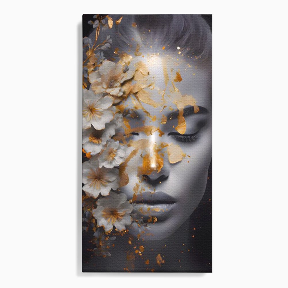 Tablou canvas cu portret de femeie cu flori si foita aurie, fara rama, pe sasiu de lemn