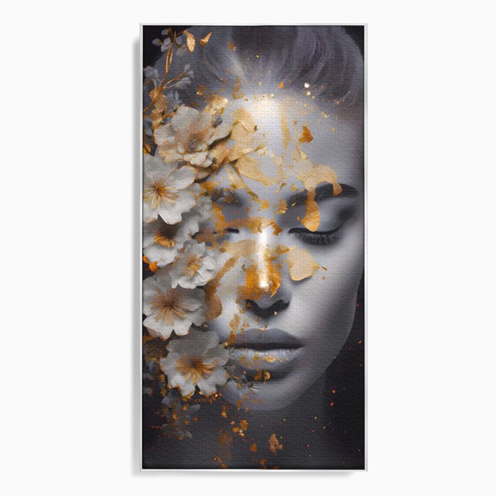 Tablou canvas cu portret de femeie cu flori si foita aurie, in rama de aluminiu argintiu