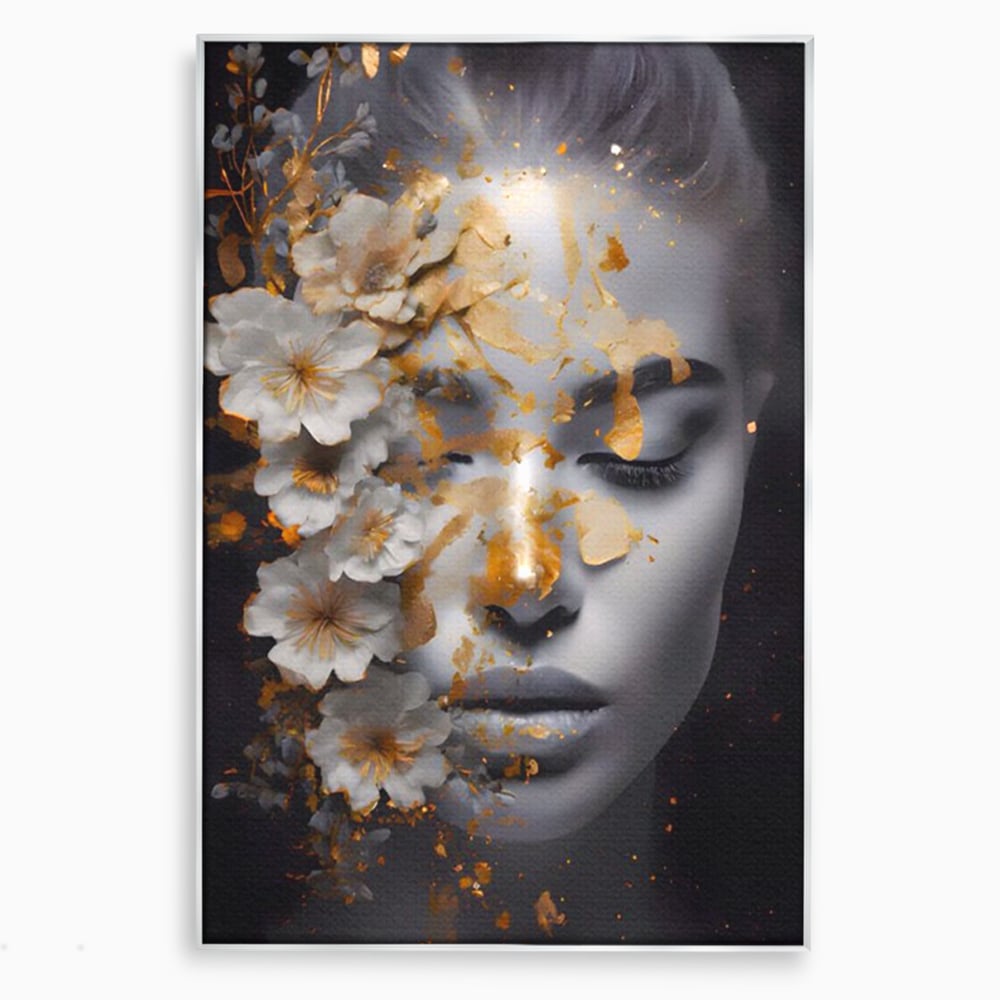Tablou canvas cu portret de femeie cu flori si foita aurie, in rama de aluminiu argintiu
