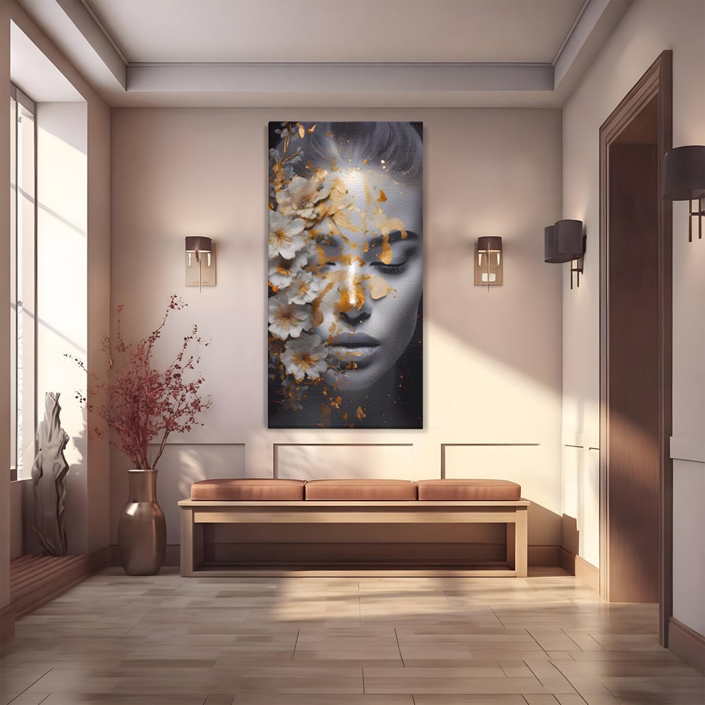 Tablou canvas cu portret de femeie cu flori si foita aurie, fara rama, pe sasiu de lemn
