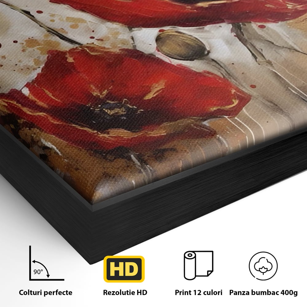 Detaliu al suprafetei: pictura decorativa cu maci rosii, in rama de aluminiu negru