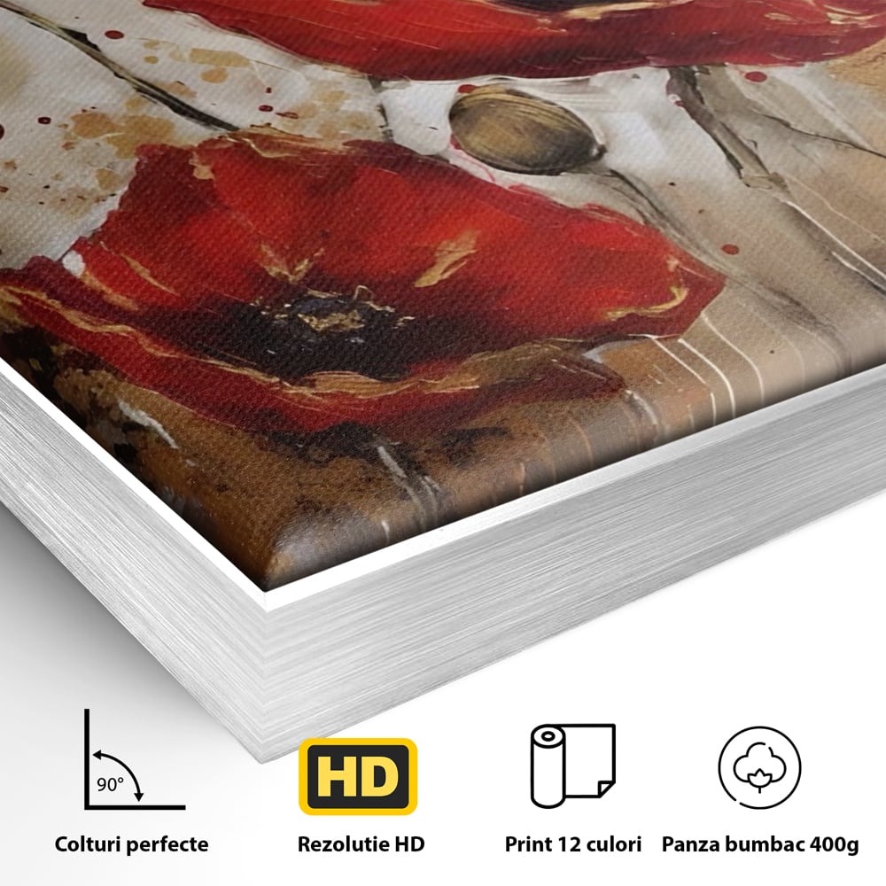 Detaliu al suprafetei: pictura decorativa cu maci rosii, in rama de aluminiu argintiu