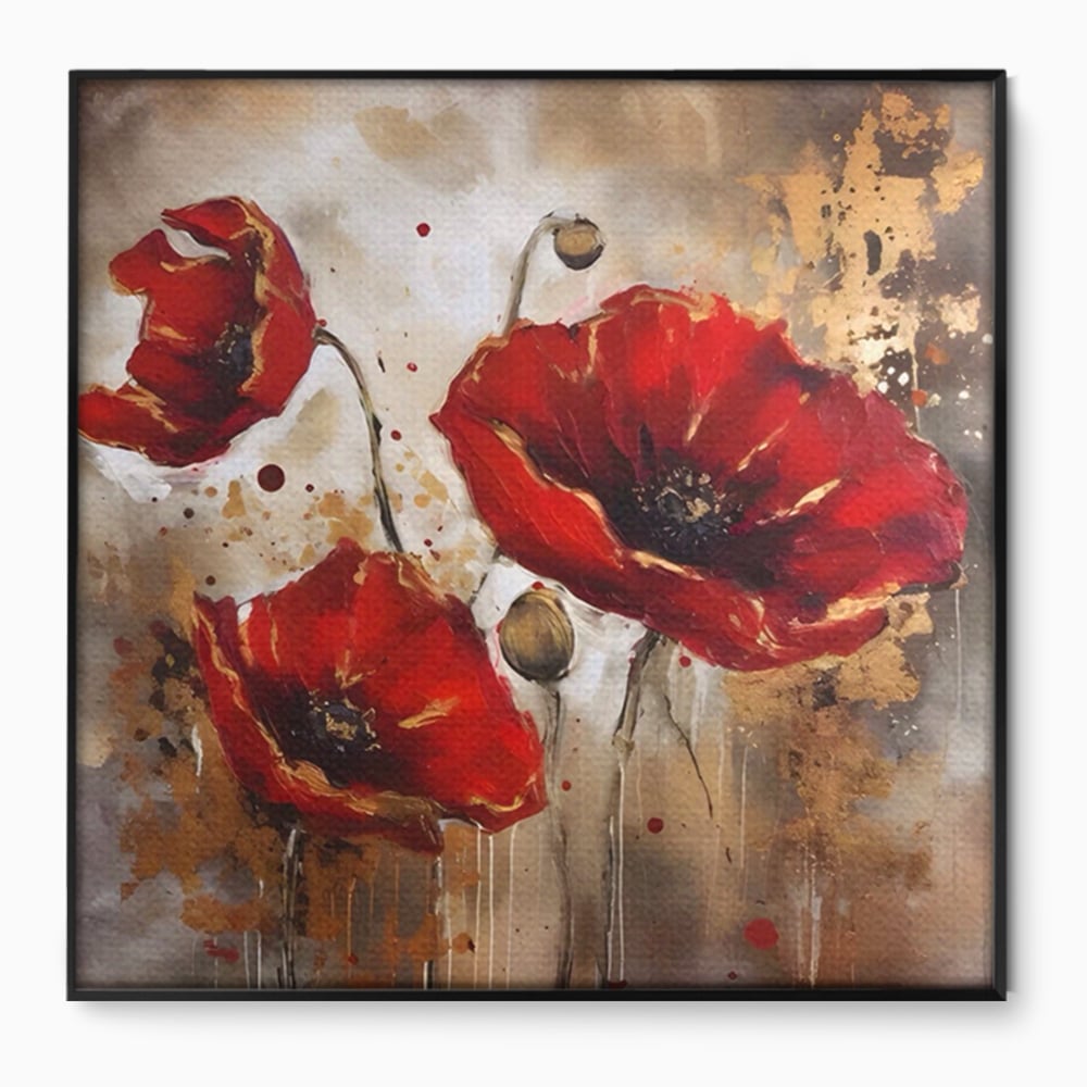 Tablou canvas cu pictura decorativa cu maci rosii, in rama de aluminiu negru