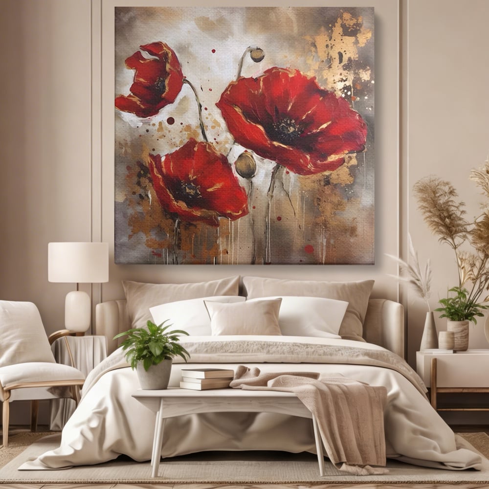 Tablou canvas cu pictura decorativa cu maci rosii, fara rama, pe sasiu de lemn, pe perete intr-un dormitor