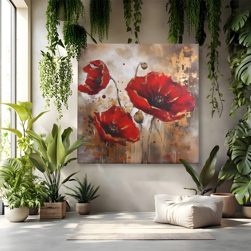 Tablou canvas cu pictura decorativa cu maci rosii, fara rama, pe sasiu de lemn