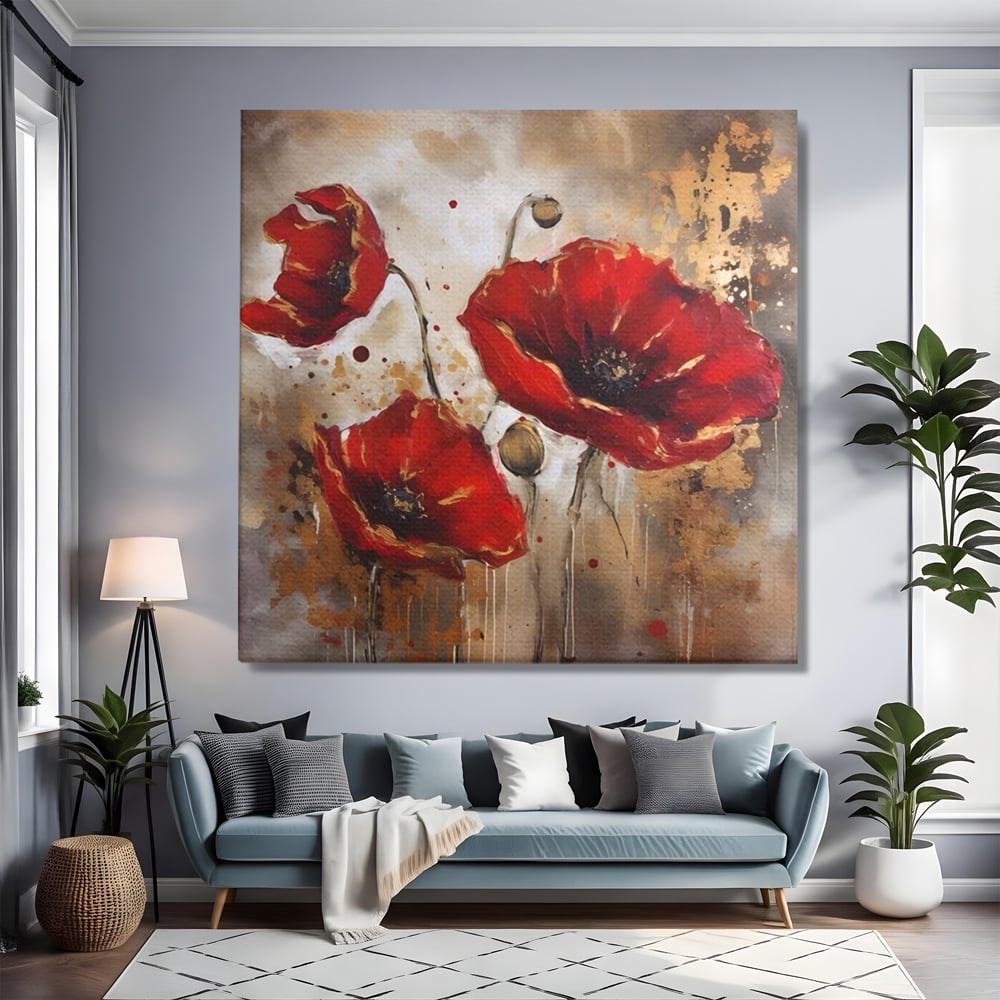 Tablou canvas cu pictura decorativa cu maci rosii, fara rama, pe sasiu de lemn, pe perete intr-un living