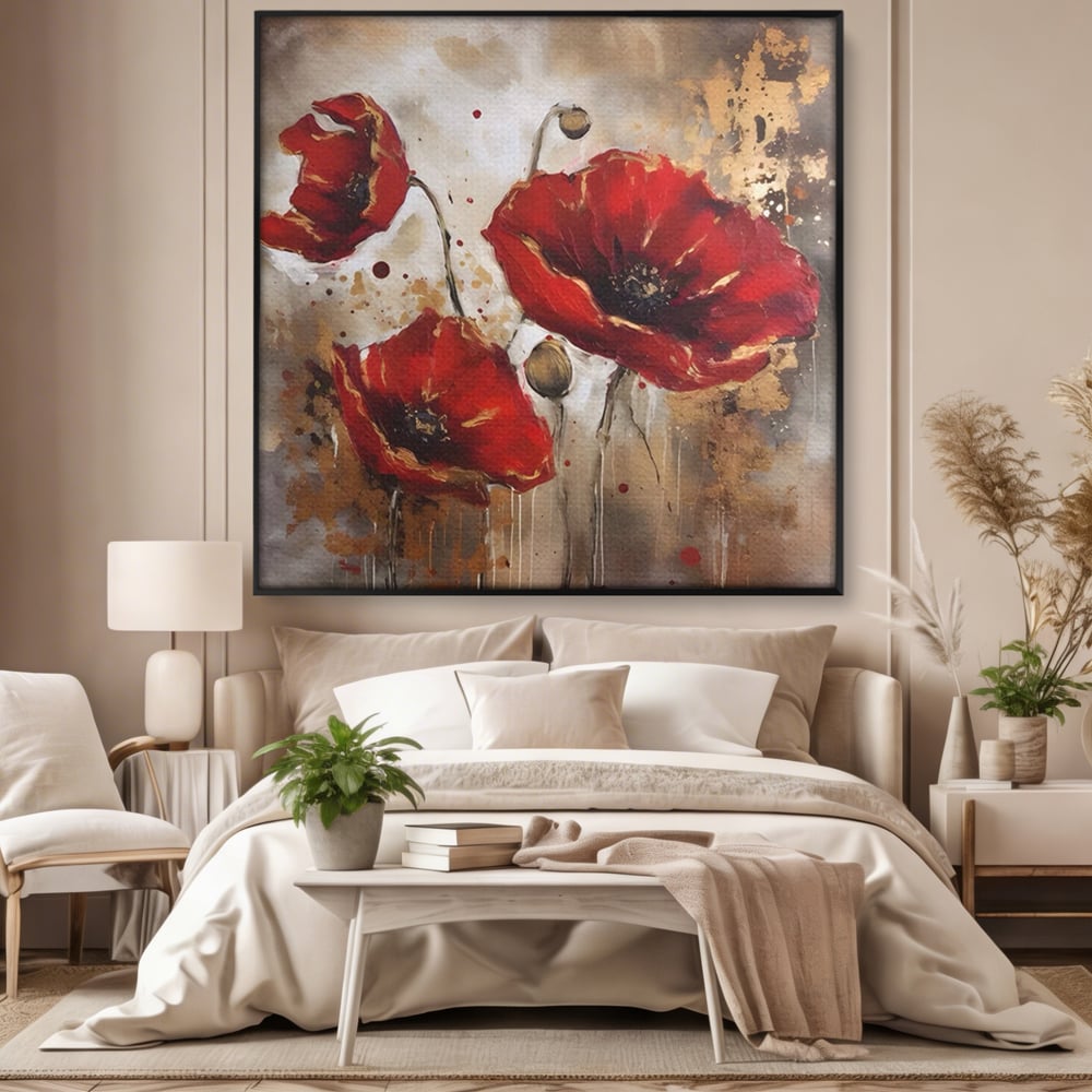 Tablou canvas cu pictura decorativa cu maci rosii, in rama de aluminiu negru, pe perete intr-un dormitor