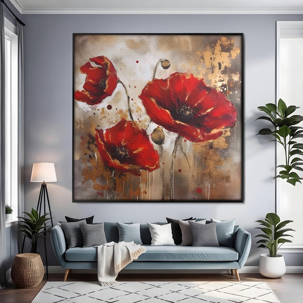 Tablou canvas cu pictura decorativa cu maci rosii, in rama de aluminiu negru, pe perete intr-un living