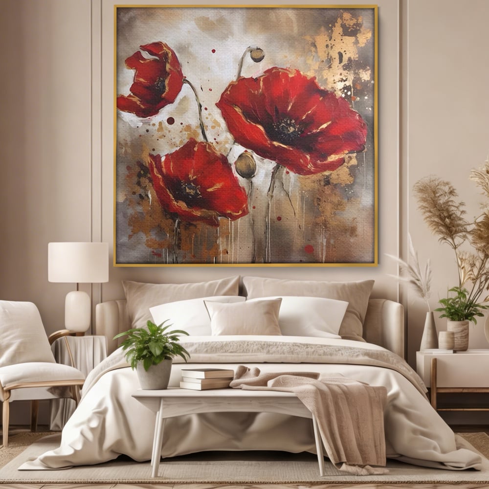 Tablou canvas cu pictura decorativa cu maci rosii, in rama de aluminiu auriu, pe perete intr-un dormitor